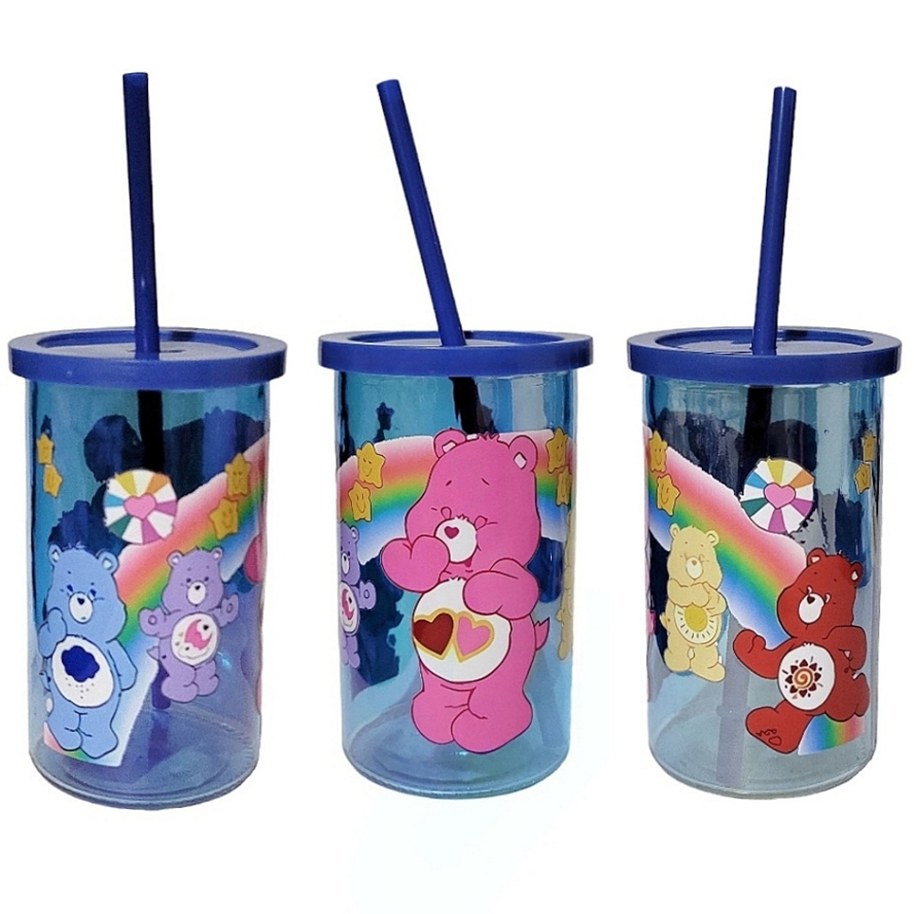 Care Bears Blue Glass Tumbler Cup 16oz Pink Design